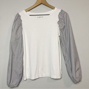 Loft White/Blue Pinstripe Puff Sleeve Top